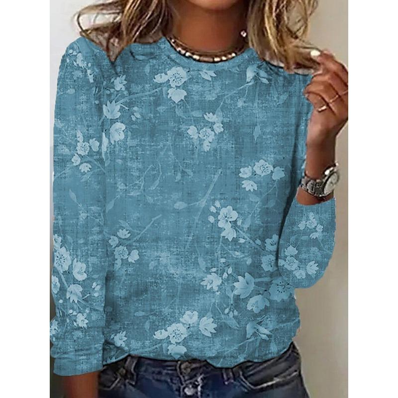 Women's T shirt Long Sleeve Casual Print Regular Tops Daily Blue Green Khaki Spring Fall Prefall