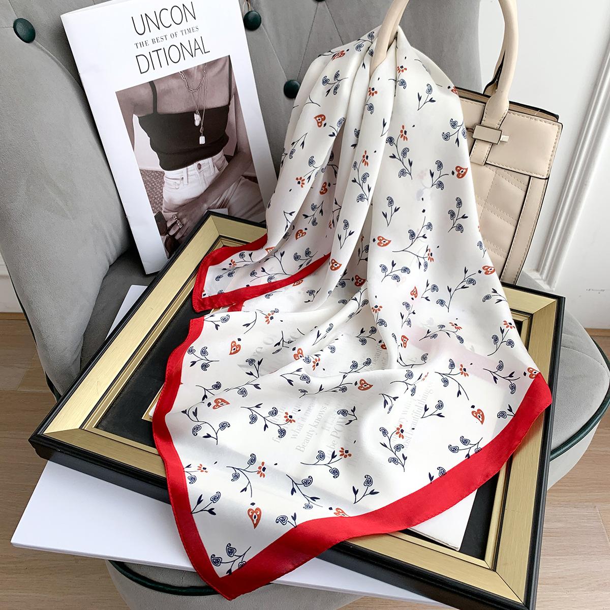 

High Quality Floral Print Silk Scarfs Summer Women 70X70Cm Hijab Hair Band Shawl Travel Neck Ties Towel Female Bandana Decorate 70x70cm