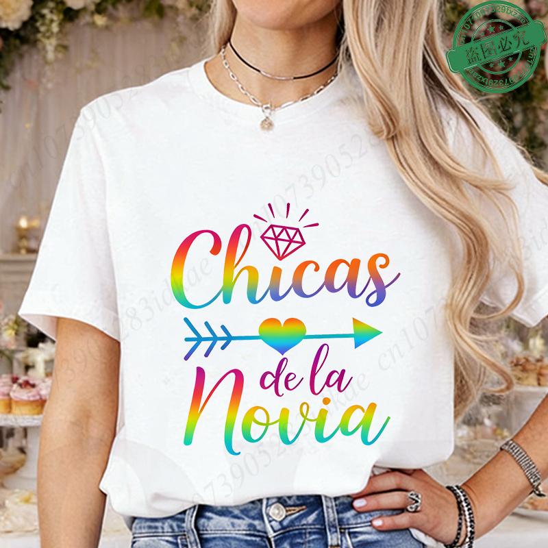 Spanish Girl Bachelorette Party T-Shirts, Rainbow Diamond Heart Arrow Graphic Tees for Bridal Shower, Team Bride Tribe Blouses