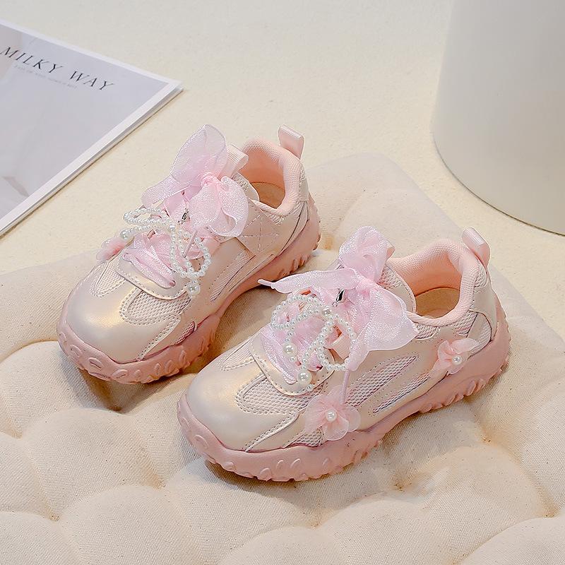 Girls Princess Sports Shoes Non-slip Flowers Mesh Lace Bow Kids Running Shoes Breathable 2025 New Children Casual Shoes Sweet