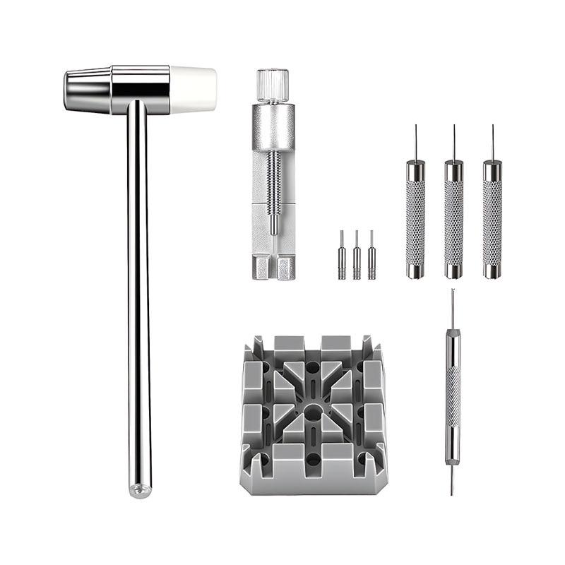 10-Piece Watch Repair Tool Set: Disassembler, Metal Hammer, Punch Pins, Star-Shaped Base for Electronic Watch Band Removal
