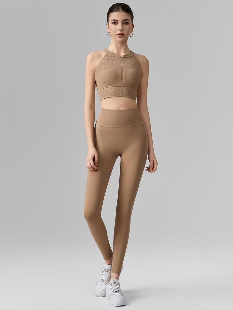 Women's High-Intensity Yoga Set: Zipper Sports Bra & Mesh Leggings with Pocket