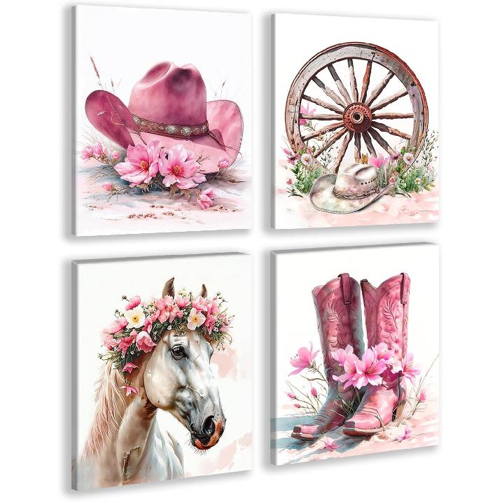 Western Cowgirl Canvas Wall Art, Watercolor Pink Cowboy Hat Cactus Desert Wall Art Prints for Cowgirl Nursery Kids Room Girls Room Dorm Decor Set of