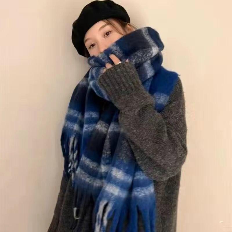 Women's Thick Plaid Yarn Scarf - Versatile, Warm, College Style for Fall/Winter