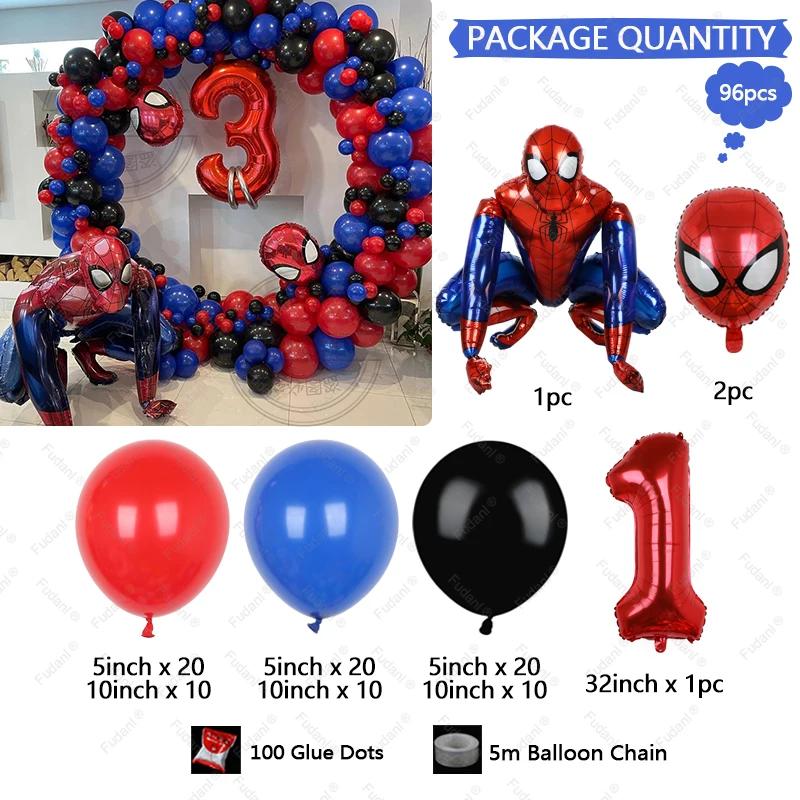 96pcs Kids Birthday Red Blue Balloons Garland Arch Kit For Party Decors Age 1-9th Spiderman 3D Marvel Foil Balloons Air Globos