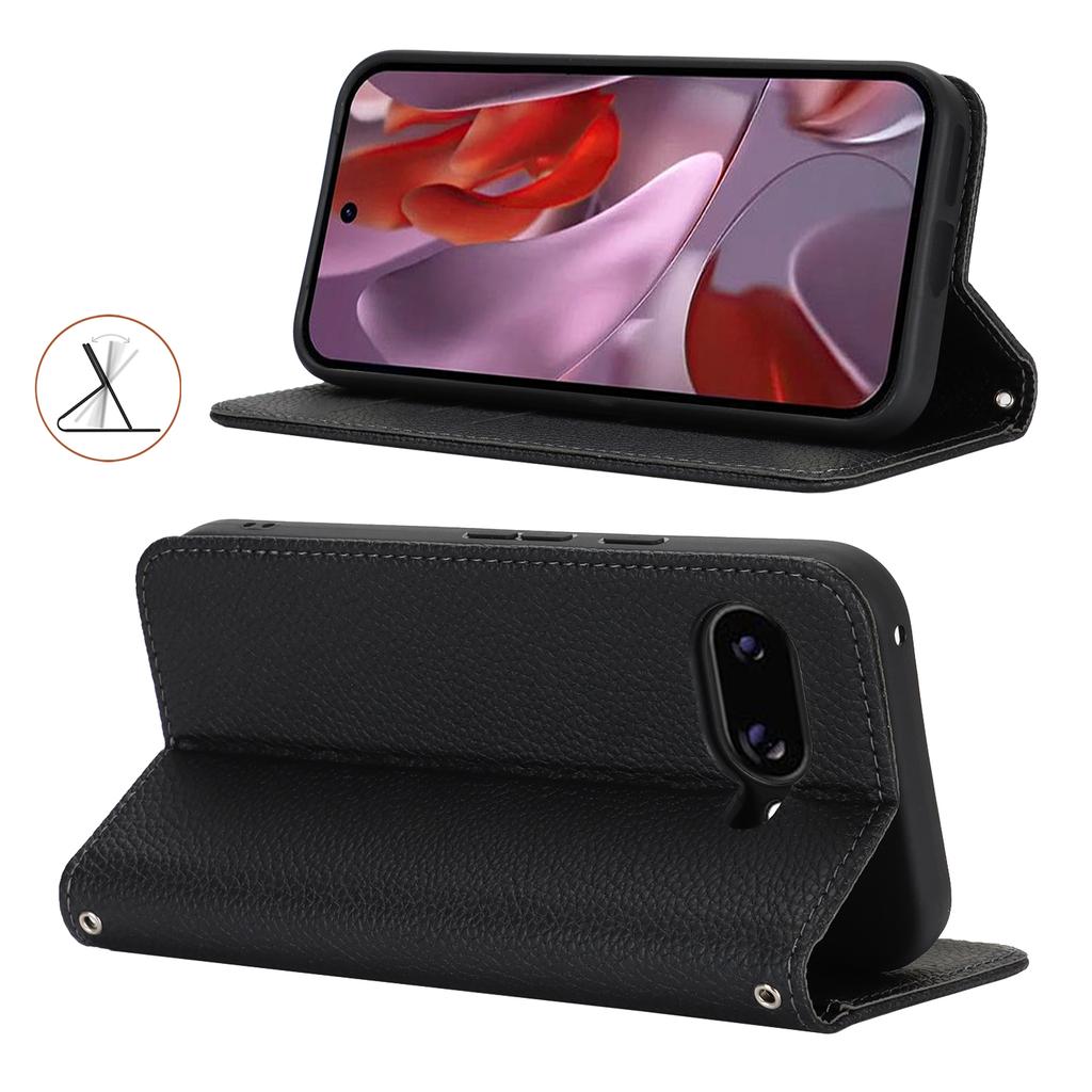 For Google Pixel 9a Case Stand Wallet Litchi Texture Leather Flip Phone Cover with Strap