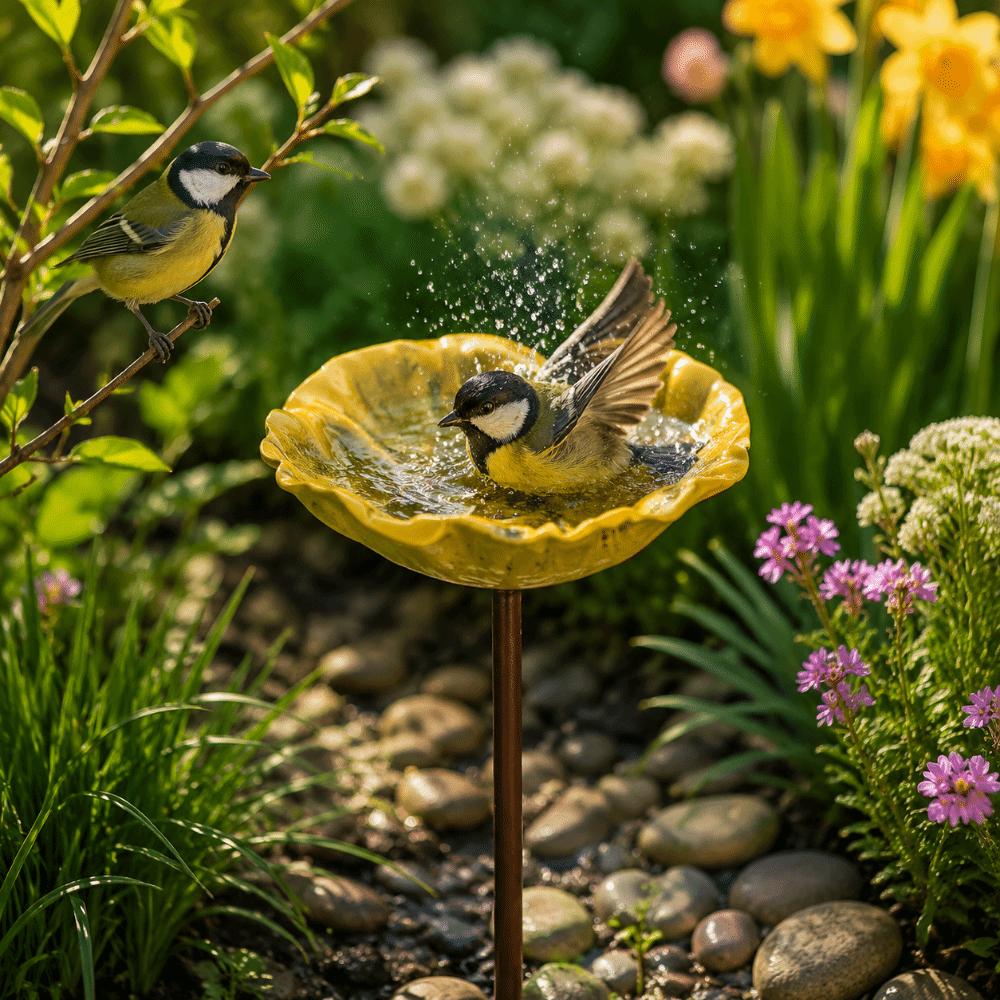 Flower Shaped Bird Bath Stand Metal Bird Water Dispenser Bird Bath Bowls Flower Garden Stake Patio