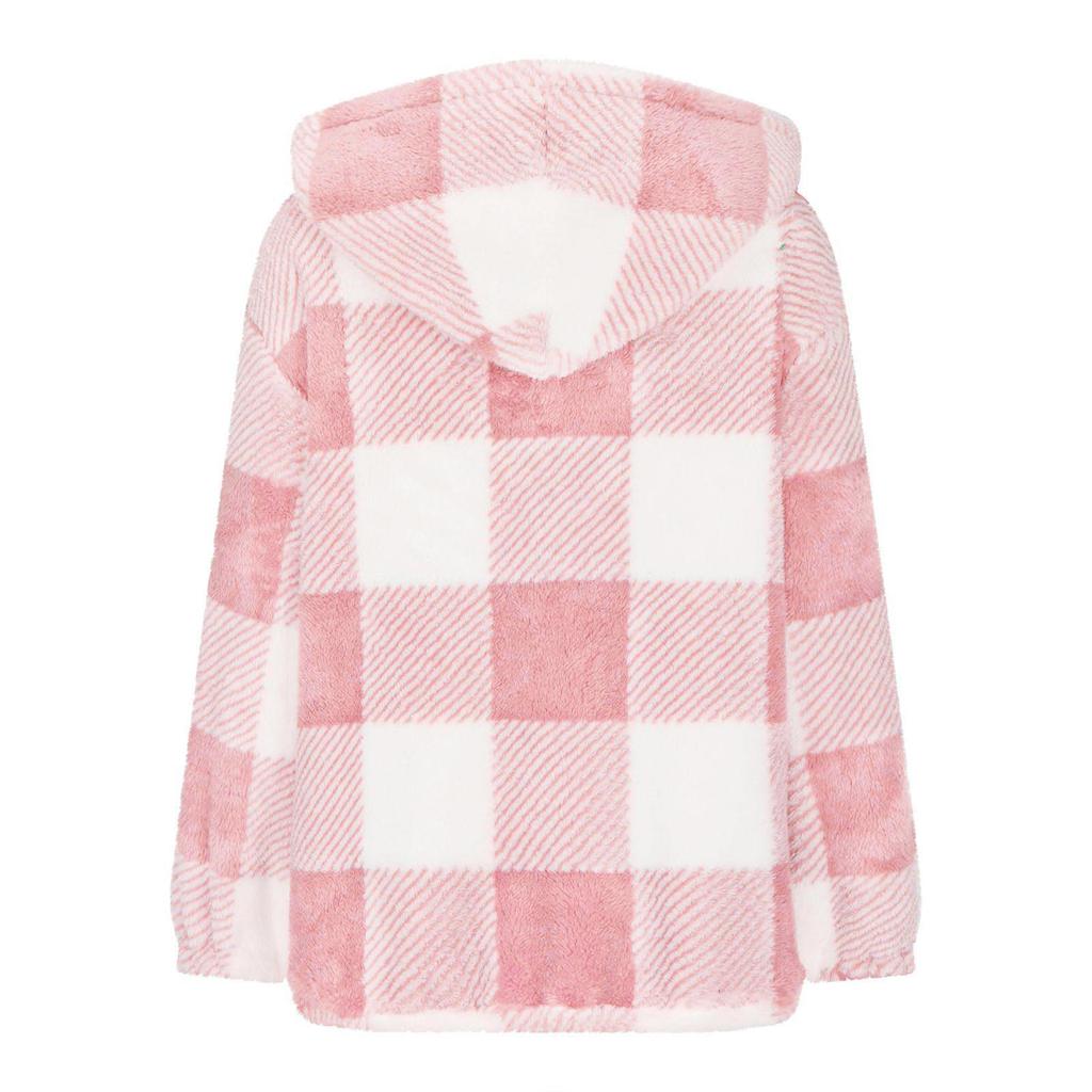 2025 Plaid Loose Fit Long Sleeve Hooded Fuzzy Zip-Up Cardigan Jacket