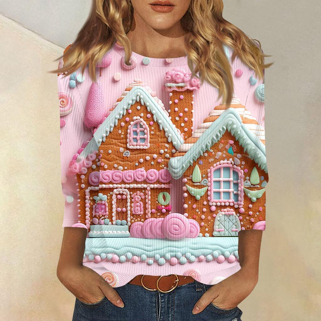 Damenmode und Winter Lässiges Rundhals-T-Shirt mit gebürstetem, geripptem Weihnachtsdruck und Dreiviertelärmeln, Damenbekleidung