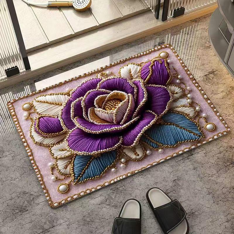 Covoraș de podea din argilă diatomacee cu model floral, Covoraș de baie absorbant de apă și cu uscare rapidă pentru locuință, Covoraș de podea antiderapant și rezistent la pete