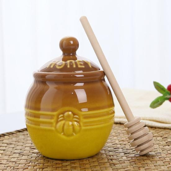 350ml Ceramic Honey Jar Farmhouse Honey Pot with Wood Honey Dipper Stick Retro