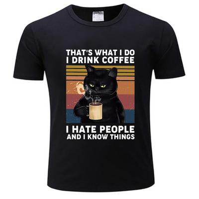 T-shirt Men O-neck Hot Sale Black Cat That's What I Do I Drink Coffee I Hate People Vintage Male Cotton Tee-shirt Bigger Size