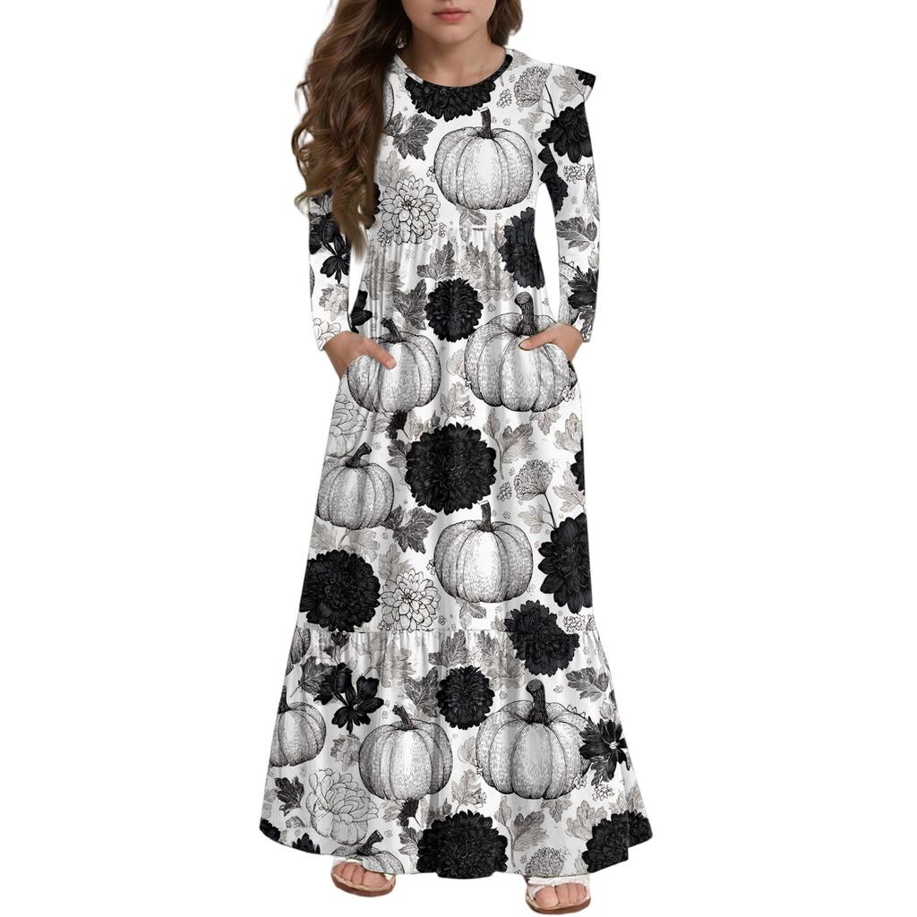 Girls' Tiered Ruffle Dress Halloween Day - Long Sleeve Printed Maxi With Pockets