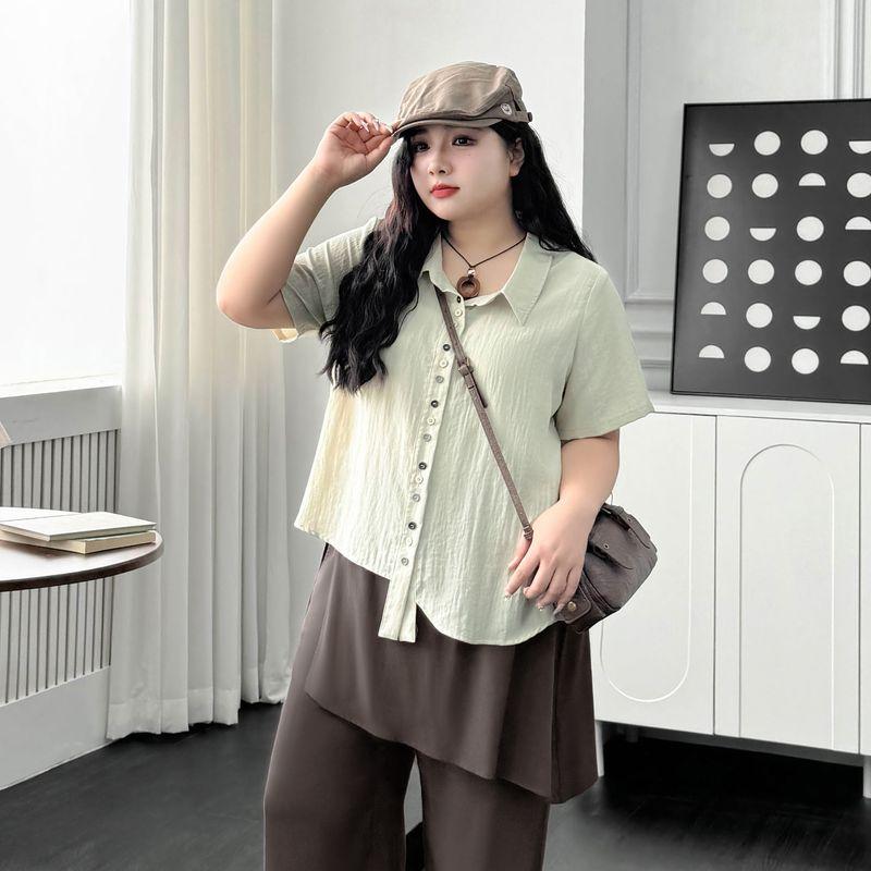 

Plus size women clothing [Super Beautiful Western Style Set] Texture Irregular Button Shirts Fake Two-Piece Wide Leg Culottes Mint Milk Green-Shirt 7xl