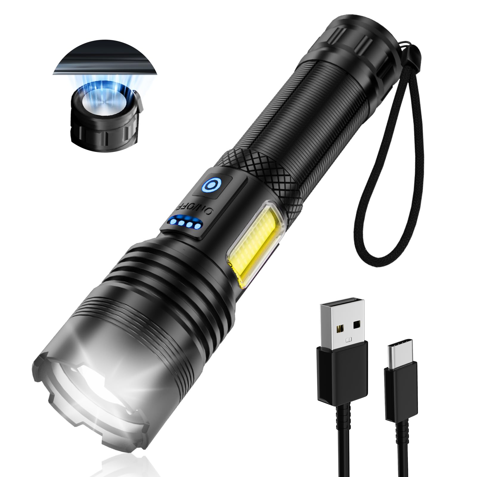

LED Powerful Flashlight with XHP160 LED Large Capacity Zoom Military IPX6 7 Lighting Aluminum SOS for Emergency Use Flashlight, & Magnet, 8000mAh, чорний