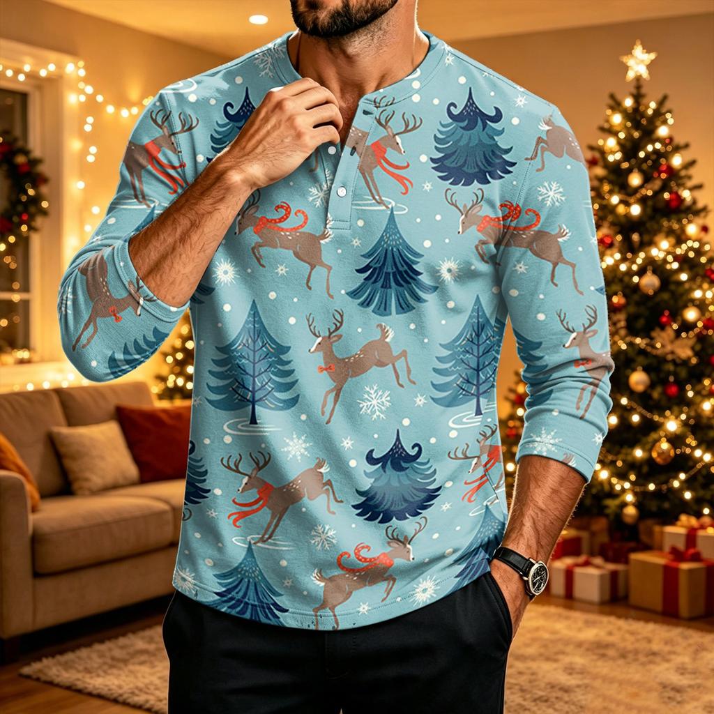 Camicia da Uomo a Maniche Lunghe con Stampa Natalizia per Festa, Uso Casual Quotidiano