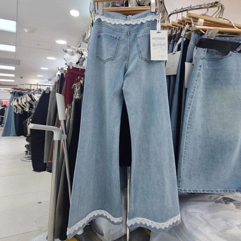 Women's Plus Size High Waist Lace Trim Patchwork Wide Leg Jeans