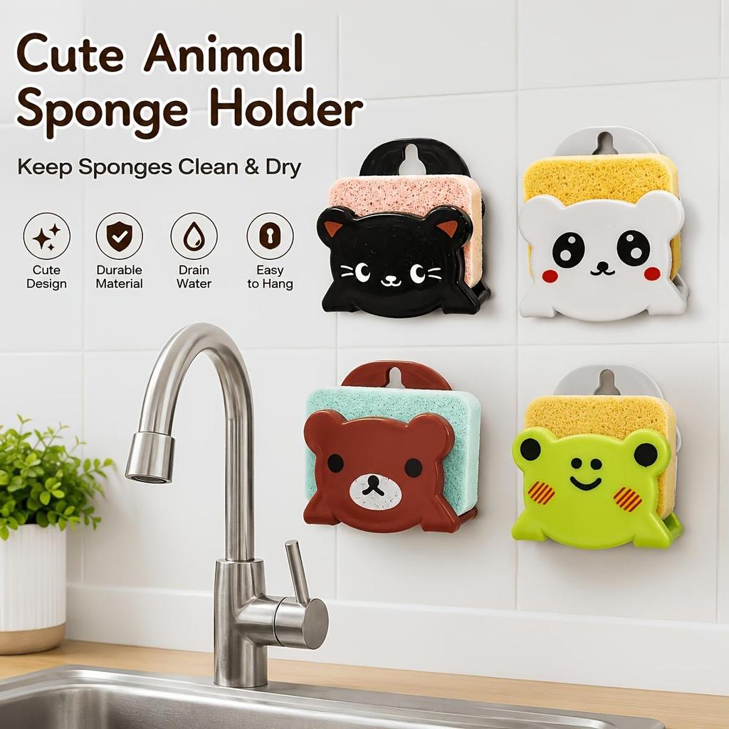 Cartoon Sponge Holder Set Kitchen Sink Sponge Organizer Self Draining Sponge Storage Rack Wall Mounted Sponge Basket with Hook for Bathroom Kitchen