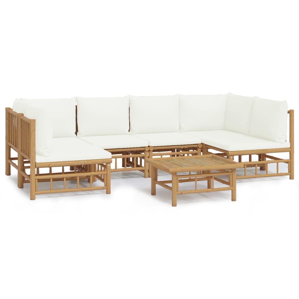 7 Piece Garden Lounge Set with Cream Colored Cushions Bamboo