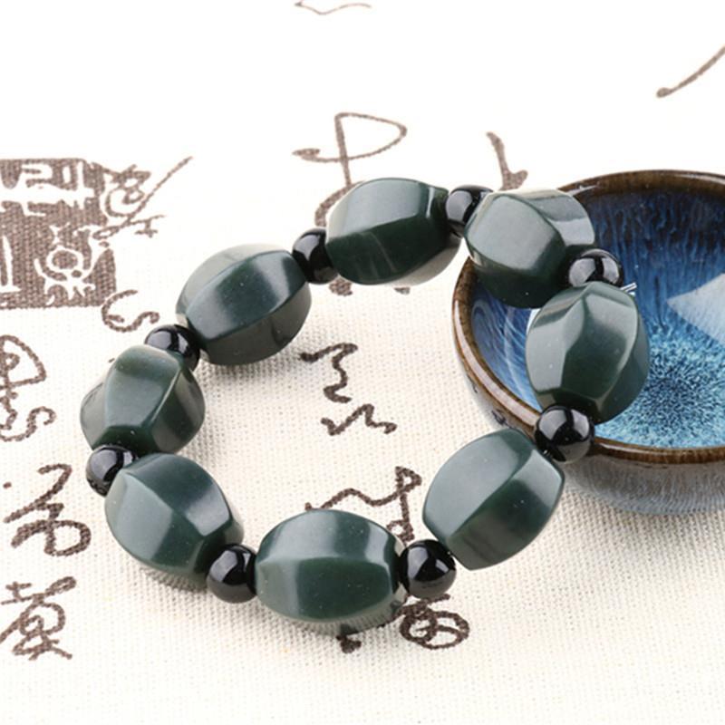 Natural Hetian Jade Bracelet, Green Black Obsidian Gemstone Beads, Faceted Prism Shape Crystal Stone Handmade Jewelry for Men Women