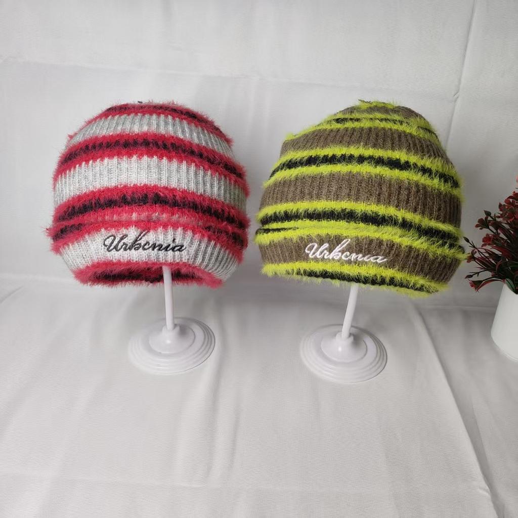 ins striped wool hat women's autumn and winter fashion versatile warm knitted hat big head circumference pullover cold hat men