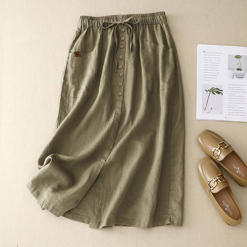 Damen Straight Rock mit Tunnelzug Taille Unifarben Vintage Midi Rock Lässiger Lockerer Leinen-Look Langer Rock für den täglichen Gebrauch