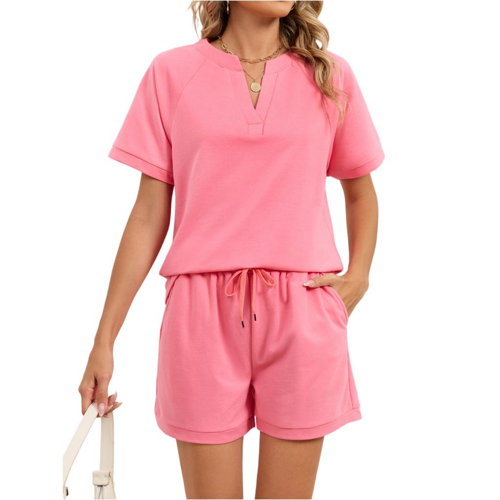 Women's Fall Two Piece  Outfits Short Sleeve Tops Tee Shirts Wide Leg Shorts Sets