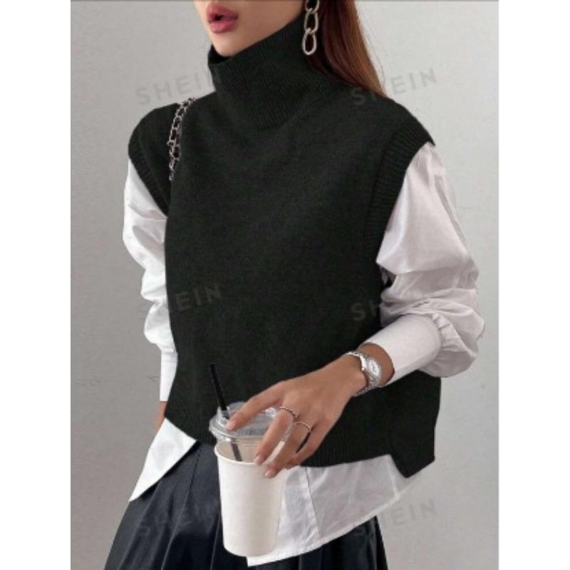 YYFS Women s Fashion Casual Fall Winter Solid Color Print Sleeveless High Neck Sweaters S чёрный