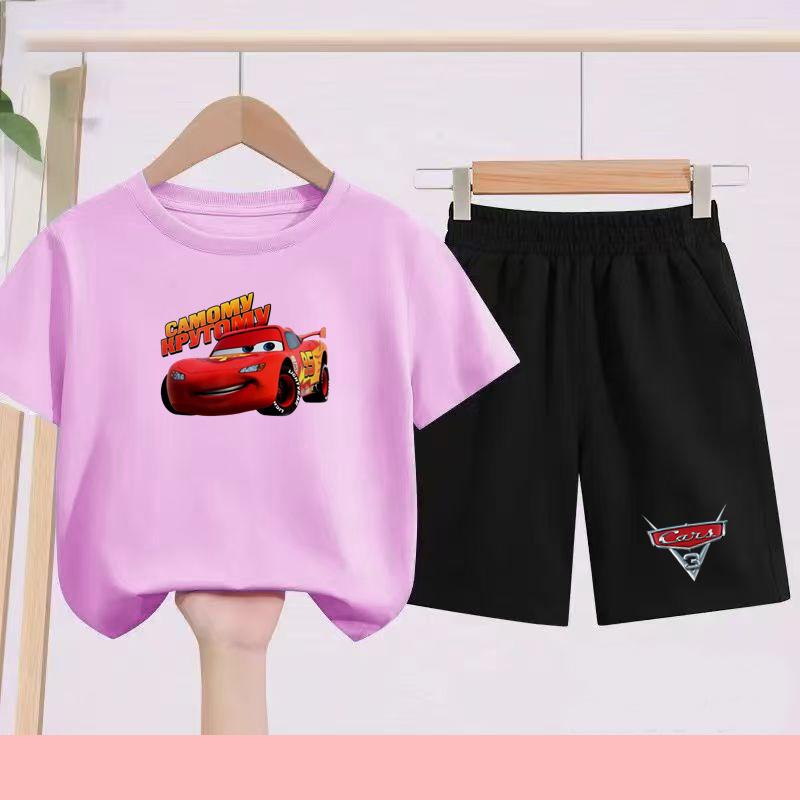 Children Aged 3 to 14 Summer Fashion T-shirt set Children Disney Car Print T-shirt + shorts Girl Boy Casual Tops Toddler Clothes