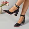 Fashion Aphixta Super Big Size 51 52 53 Patent Leather 7cm Chunky Heels Official Pumps 2cm Belt Buckle Pointed Toe Women Black Shoes