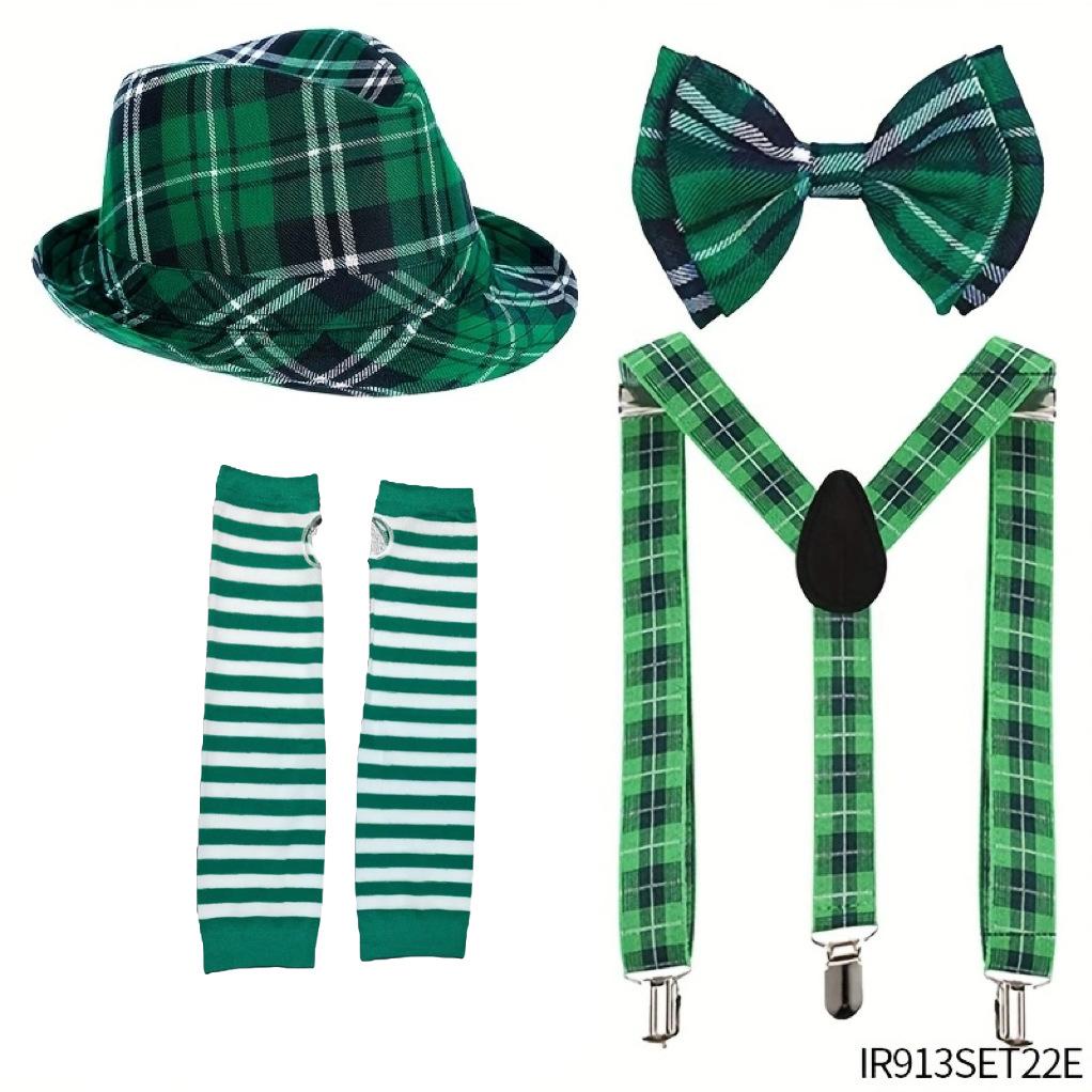 St. St. Patrick's Day Grønt Rutete Festsett med Hatt, Slips, Armbånd og Bukseseler