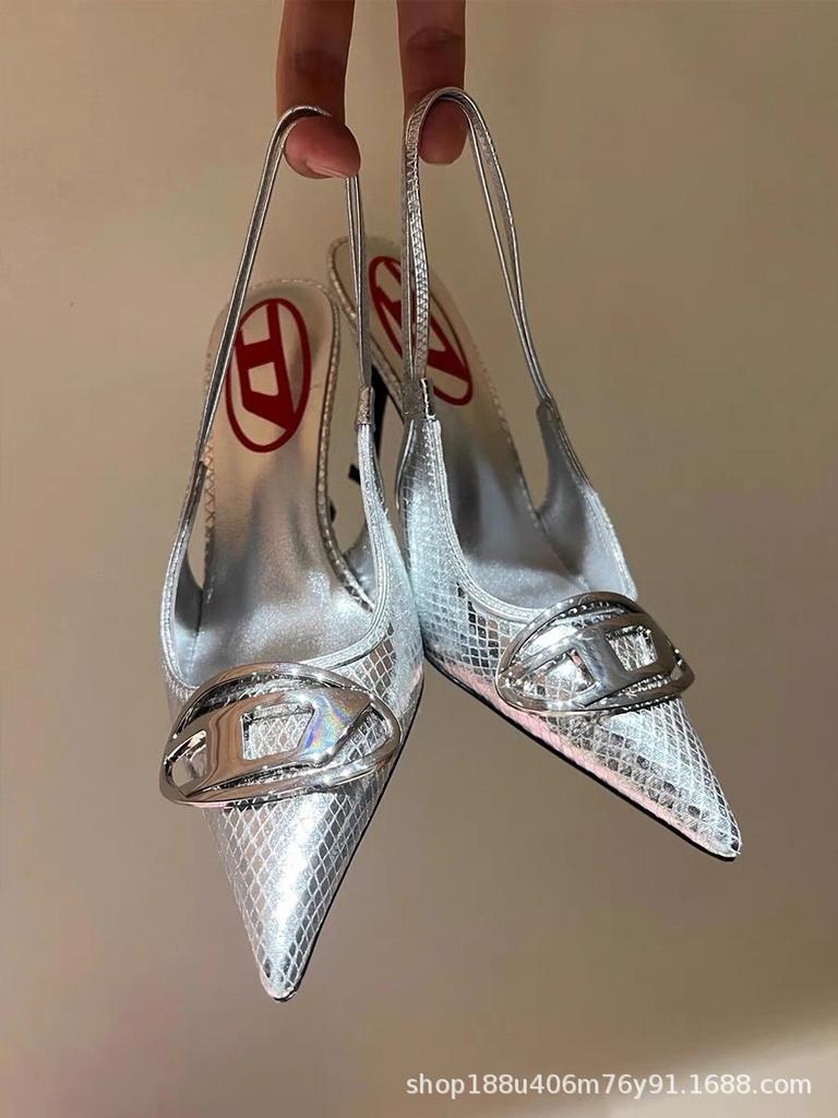 Pointed Thin Heels, Metal Buckle High Heels, Spring and Summer 2025 New Models, Dignitaries, Sexy Back Empty Black Single Shoes Women