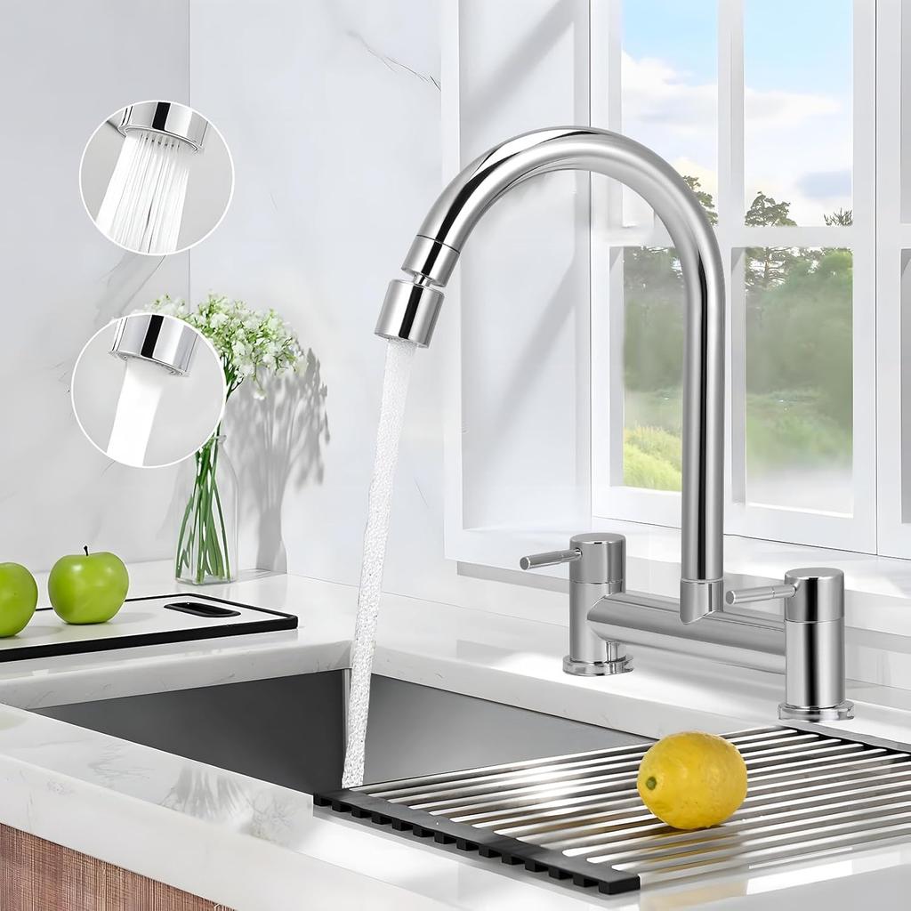 Kitchen Bridge Mixer Taps with 360° Swivel Spout, 2 Hole Sink Mixer Taps Dual Levers Faucet, 180 Mm Centers Deck Mounted Chrome Sink Tap 2 Function