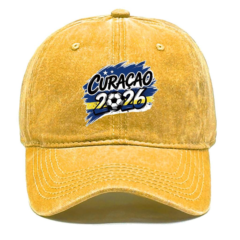 2026 Football Soccer "CURACAO" Flag Printed Baseball Hat , Adjustable Baseball Cap Headwear Non-Stretch Fabric Leisure Solid Color Sun Hat