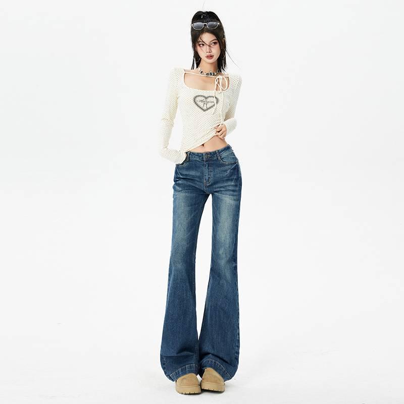 

Embroidered Retro Cat Whiskers Flare Jeans - Elastic Mid-Low Waist Bell Bottoms for Autumn/Winter L
