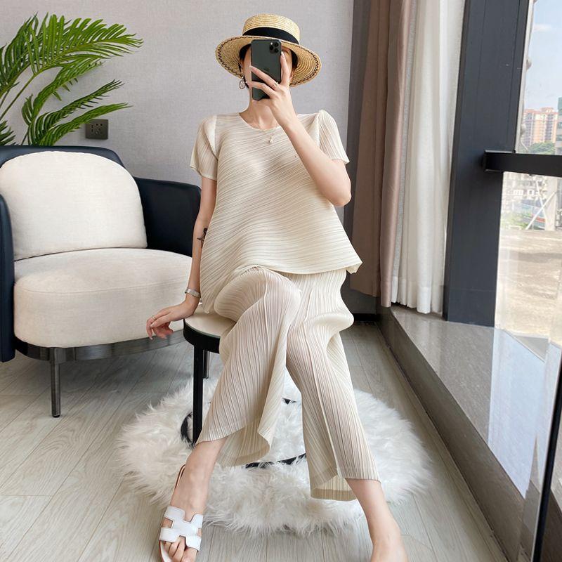 Wrinkle Casual Suit Women's Summer Irregular Top Loose Wide Leg Pants Two-piece Set