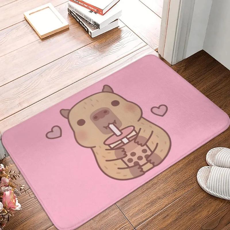 Adorable Capybara Themed Door Mat Anti-slip Entrance Rug with Boba Drinking Animal Pattern for Unique Home Decoration