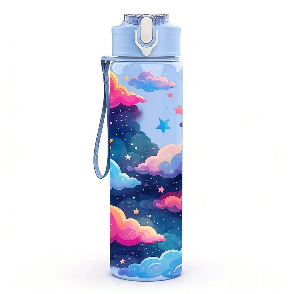 1PC Cloud Star Dream Galaxy Pattern 750ml Color Plastic Sports Water Bottle Leakproof Flip Straw Lid Suitable for Sports Office Home Use