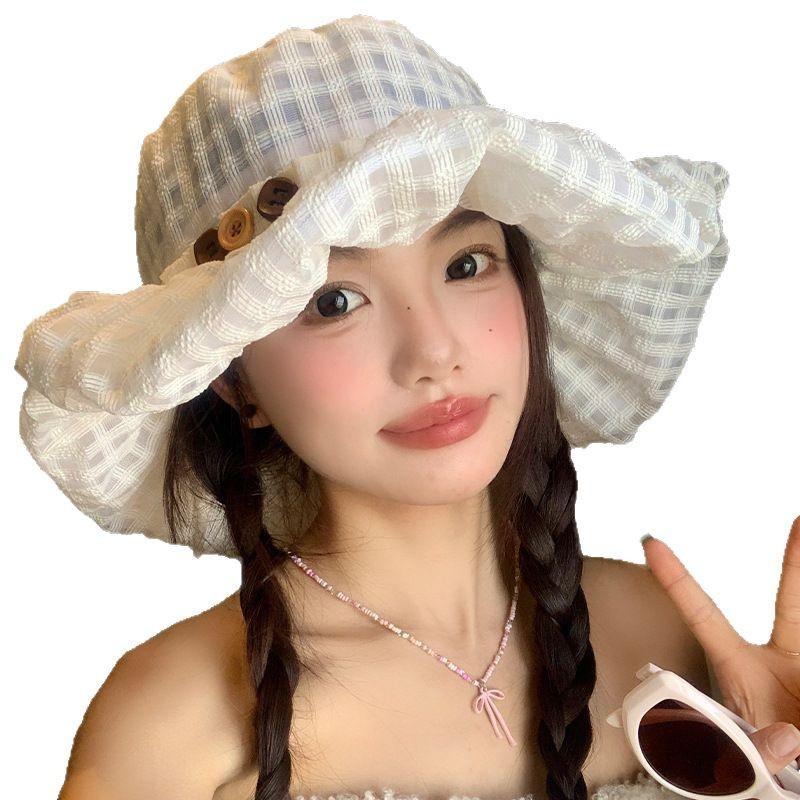 Button plaid fisherman's hat Children's spring and summer travel Big brim shows face Small sunscreen visor Breathable basin hat