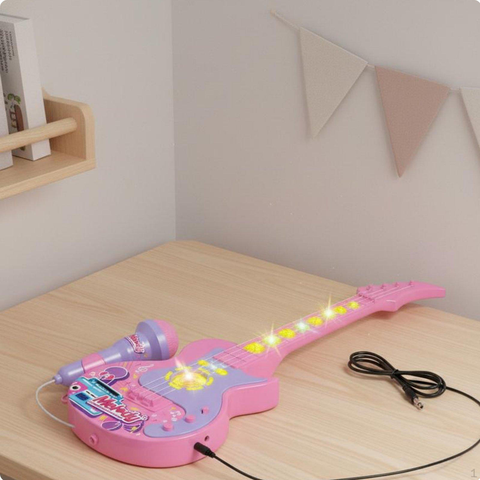 Toy Guitar Singing Device Set Lights and Music Lightup Musical for Children, Girls Pink