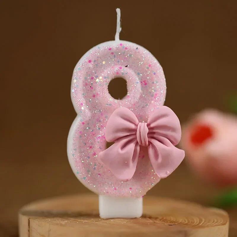 3D Number Birthday Candles - Pink Bow Cake Decorations with Non-Stick Wick, Reusable Birthday Party Decor Cake Decorating Tool