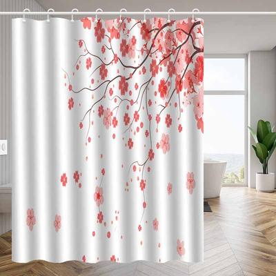 1pc Cherry Blossom Print Shower Curtain, Polyester Fabric, Machine Washable, with Hook, Suitable for Bathroom Decoration