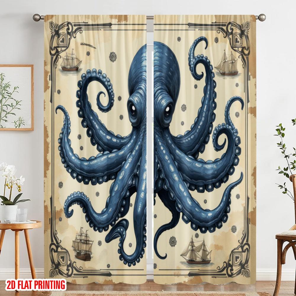 2pcs,2D Plane Printing Print Curtains Nautical Kraken Versatile Fabric (without Rod) All Seasons Use for Living Room, Office,