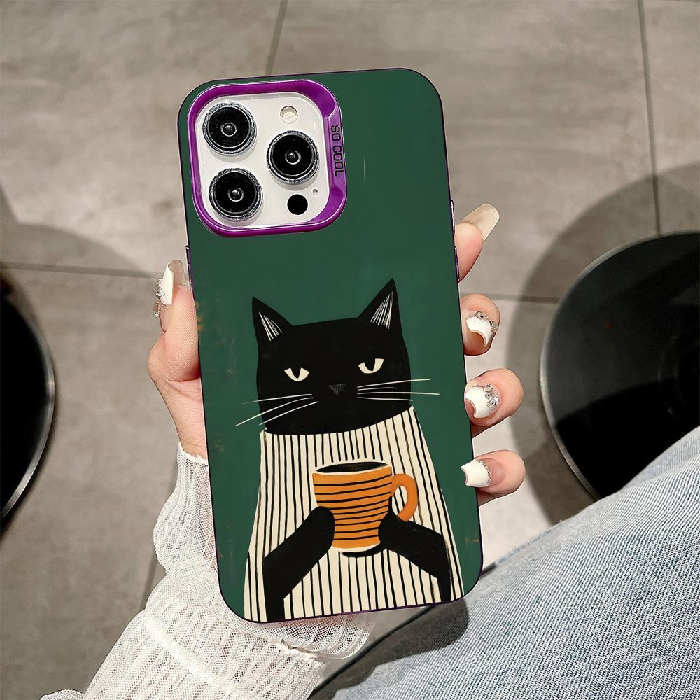 Cute Coffee Cat Purple Translucent Mobile Phone Case for iPhone 17 16 15 14 13 12 11 X XR XS Air Pro Max Plus Colorful Cover