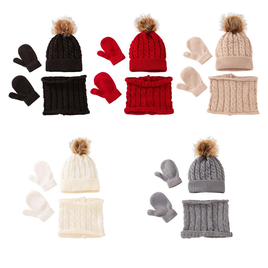 Beanie Hat Gloves Crochet Thick Scarf *Pom Pom Bobble Hat with Faux Twist Printing Winter Color Woollen Accessories Sets Boys
