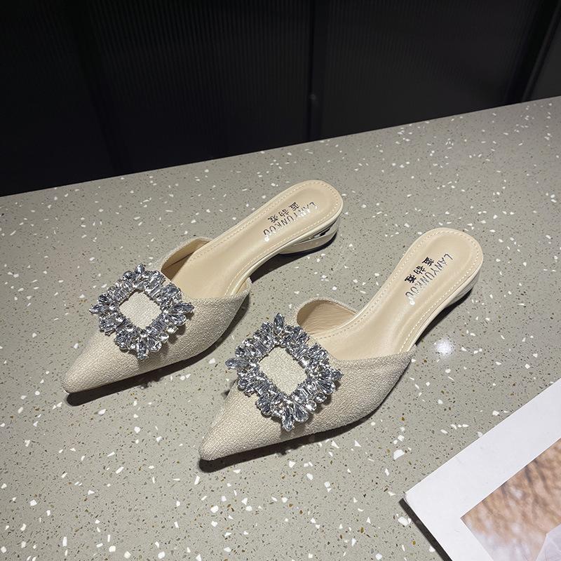 French Rhinestone Bag Head Half Slippers Women's Outer Wear Summer 2024 New Thin Heel Lazy Cool Slippers High Heel Muller Shoes