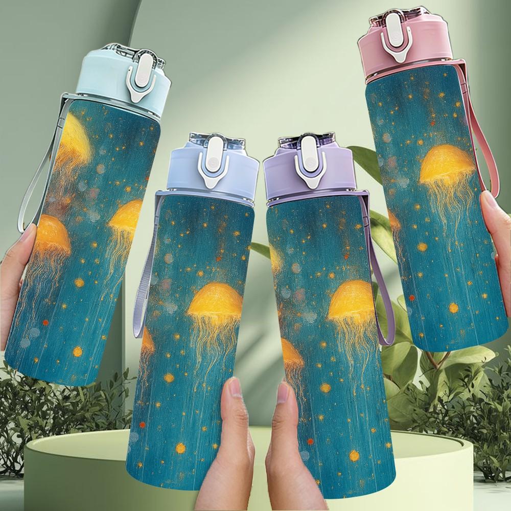 1PC Yellow Jellyfish Deep Ocean Scene Print 750ml Color Plastic Sports Water Bottle Leakproof Flip Straw Lid Suitable for Sports Office Home Use
