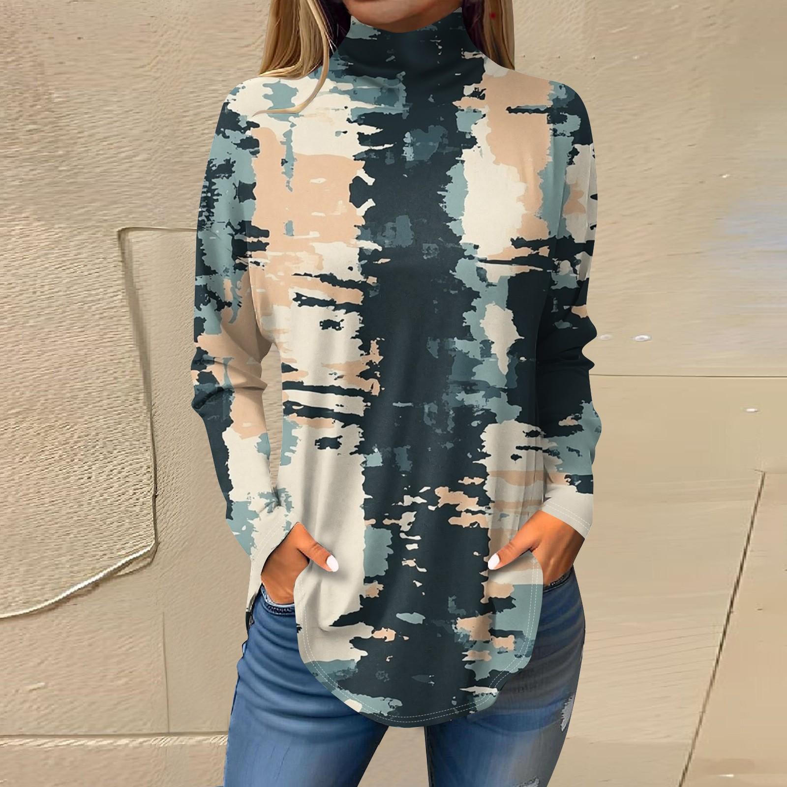 

Футболки для женщин, осенние повседневные рубашки с длинными рукавами, толстовка, однотонный топ с высоким воротом, пуловер XXL тёмно-синий