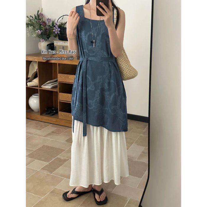 Sleeveless Retro Color Block Patchwork Dress - Summer Korean Style M
