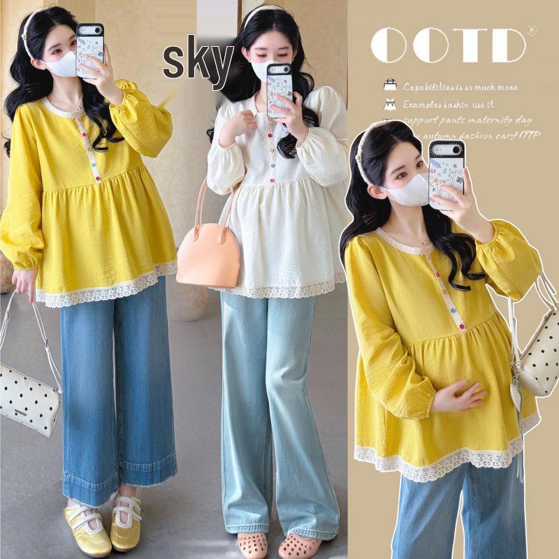 2026 Spring Korean Maternity Lace Patchwork Sweet Doll Shirt for Trendy Moms L